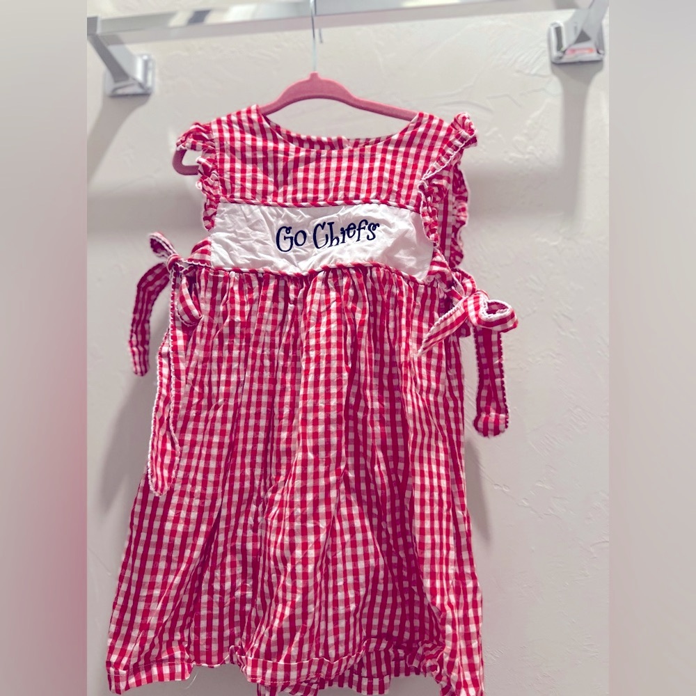 Embroidered Kansas City Chiefs football gingham girls dress